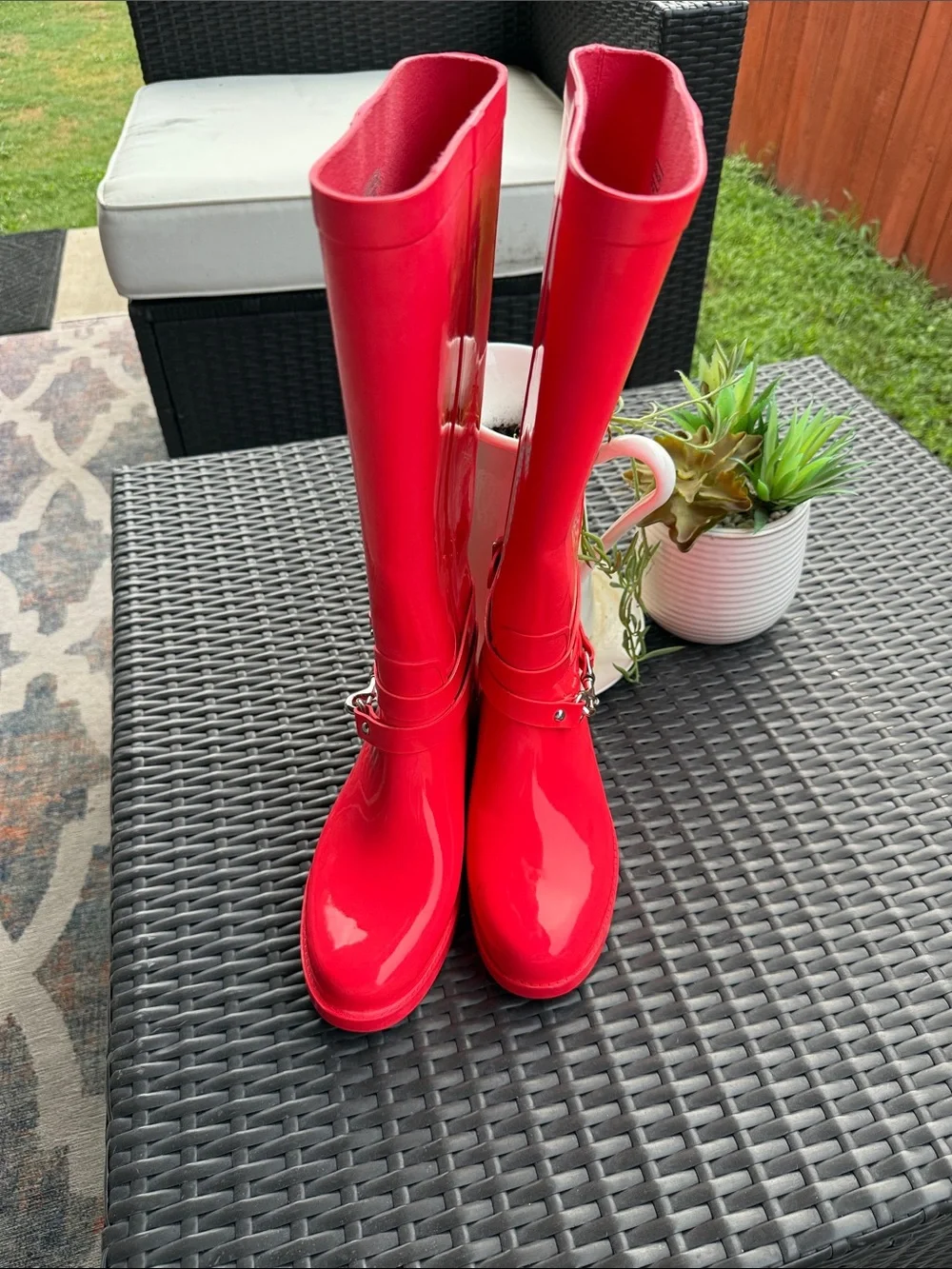 Coach rain Boots coral Red Knee-High with Chain Accent size 8 w/tags